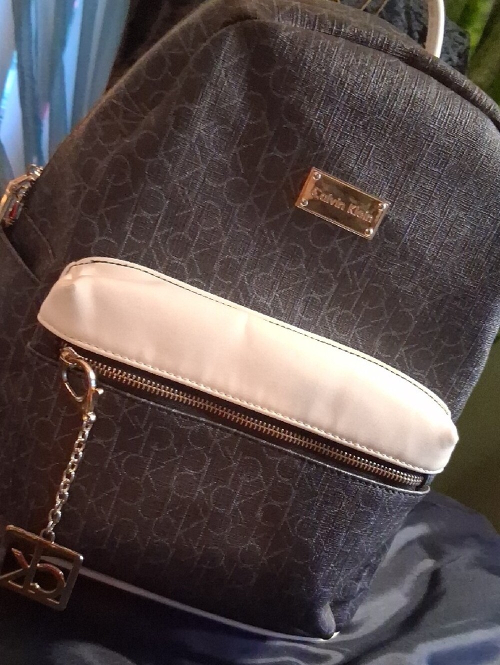 Calvin Klein Monogram Black Backpack with White Leather Accent Pocket. Nwot